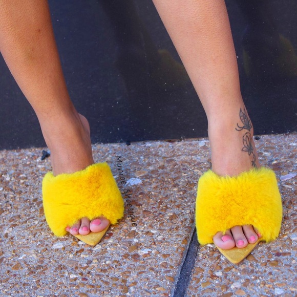 Yellow Faux Fur Mule Heels - Picture 2 of 6